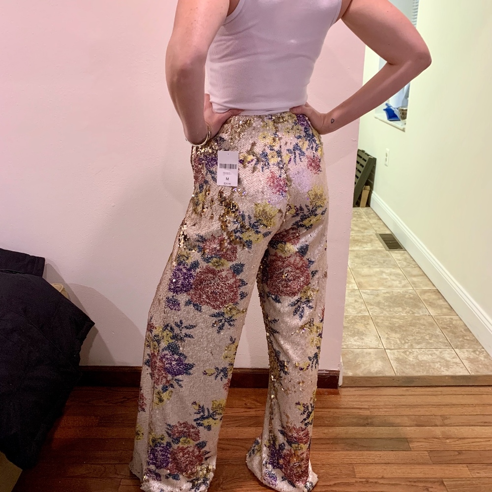 FOREVER21 COLLECTION FLORAL SEQUINED WIDE LEG PANT